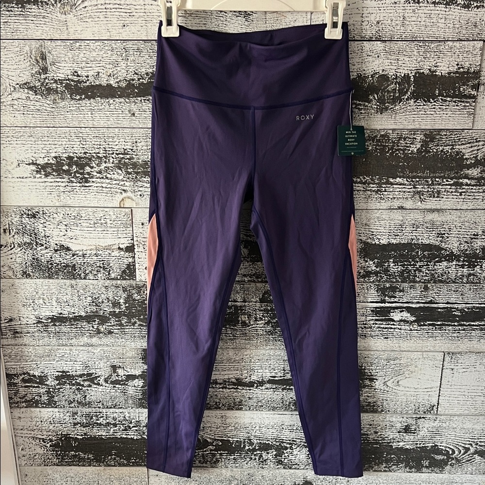 NWT Roxy Purple Leggings with Pink Side Panels